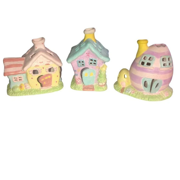Vintage RUSS BERRIE Glitter Glam Easter Bunny Houses Votive Candle Holder Set 3 - Picture 1 of 9